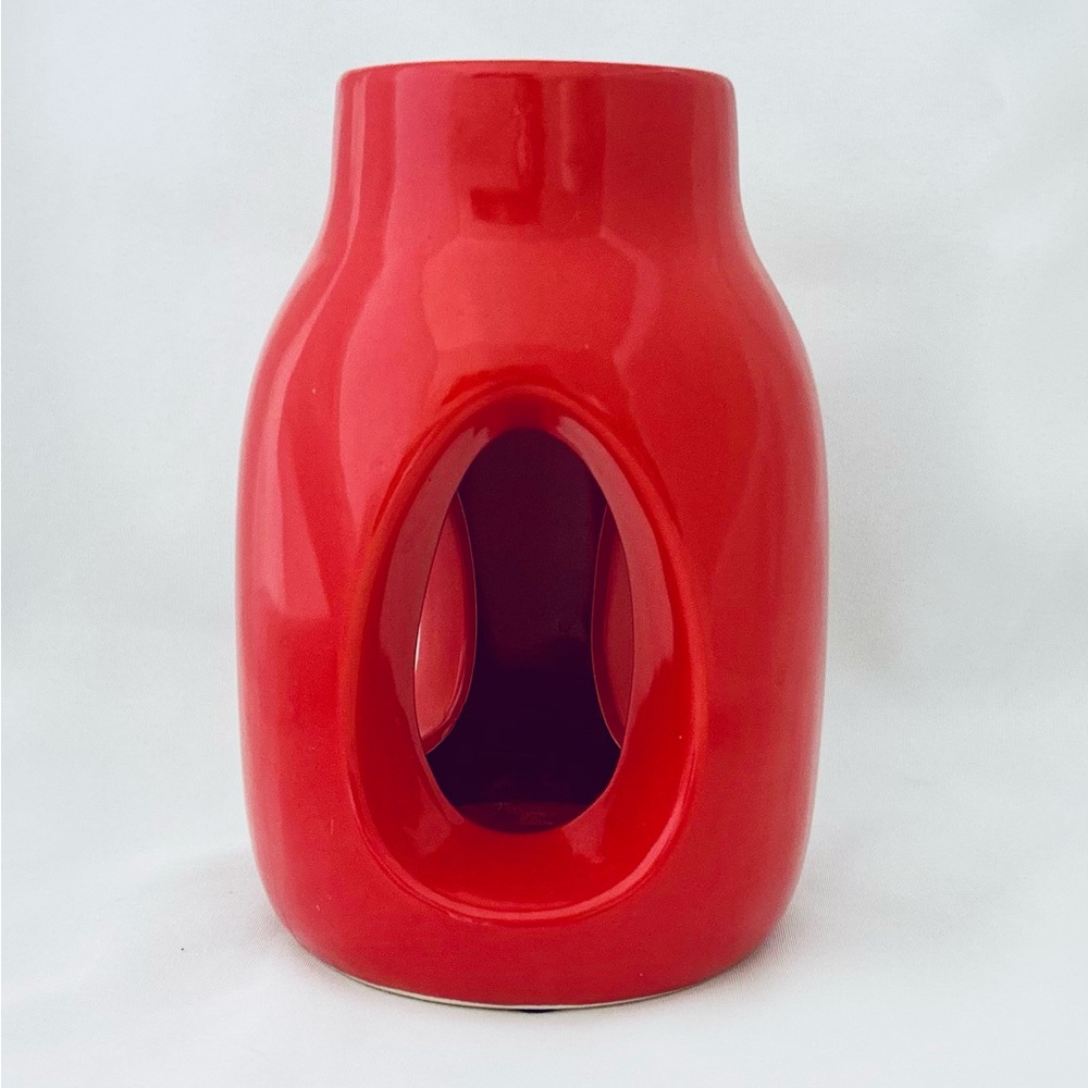 99 International Ceramic Bright Red Lucky Bamboo Holder Geometric Vase 7.5” EUC